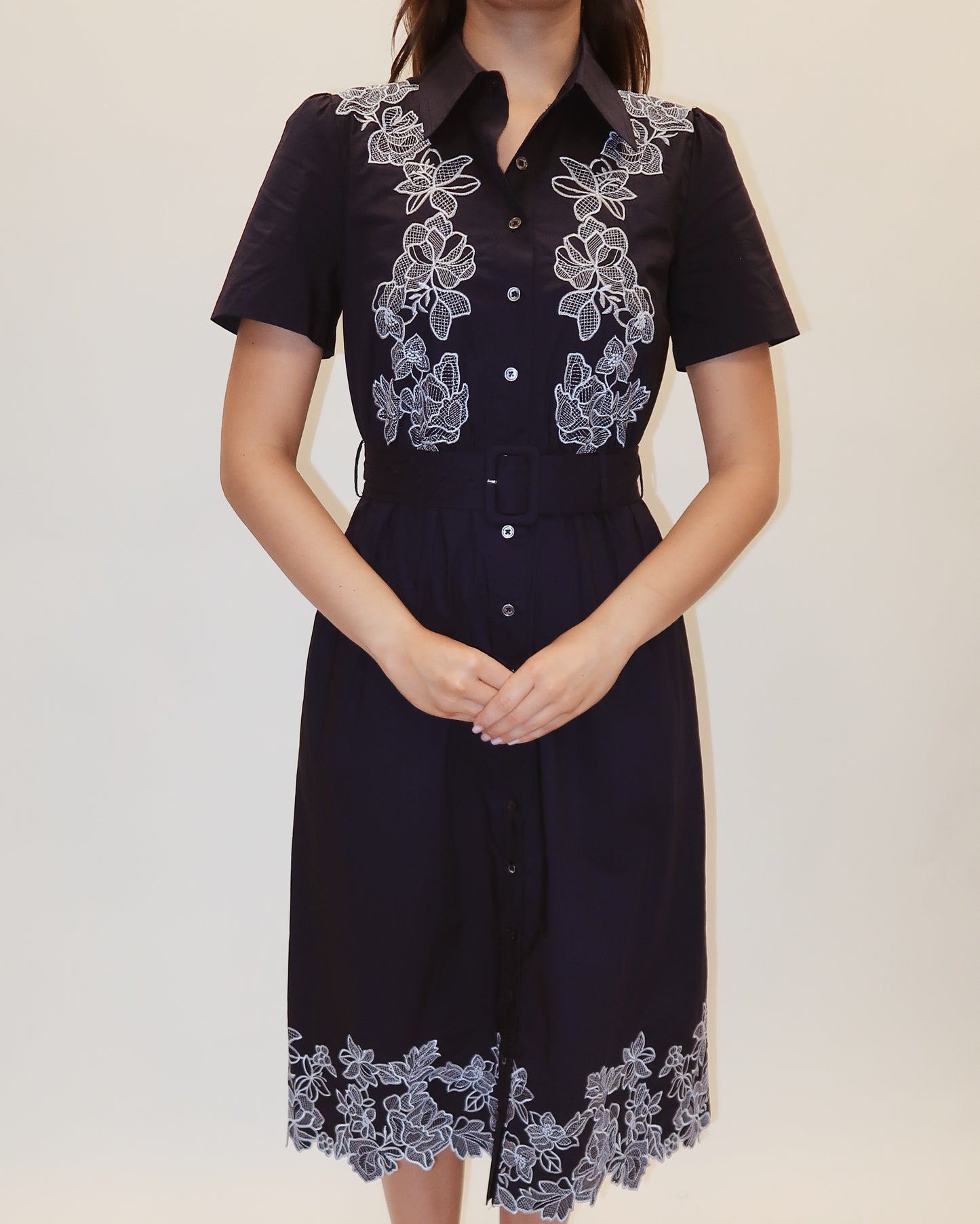 Tristi Embroidered Belted Midi Dress