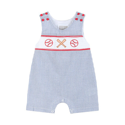 Seersucker Baseball Smocked Shortalls