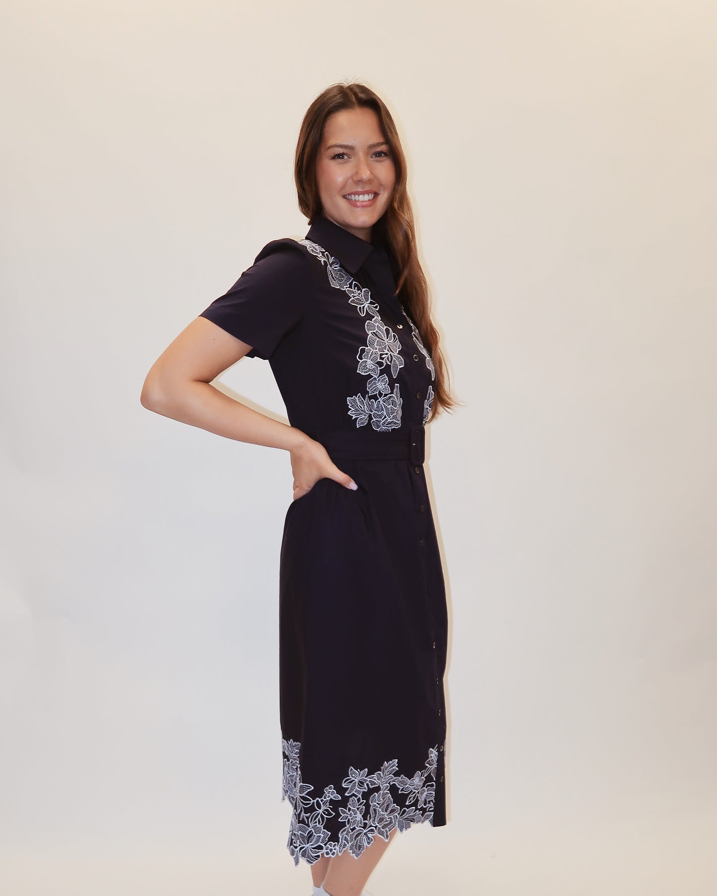 Tristi Embroidered Belted Midi Dress