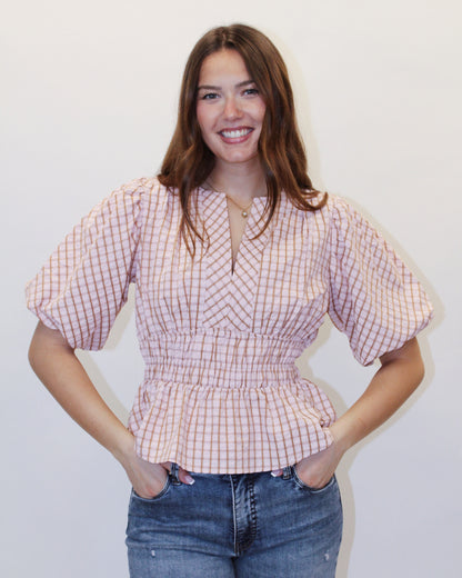Dahlia Checkered Puff Sleeve Top