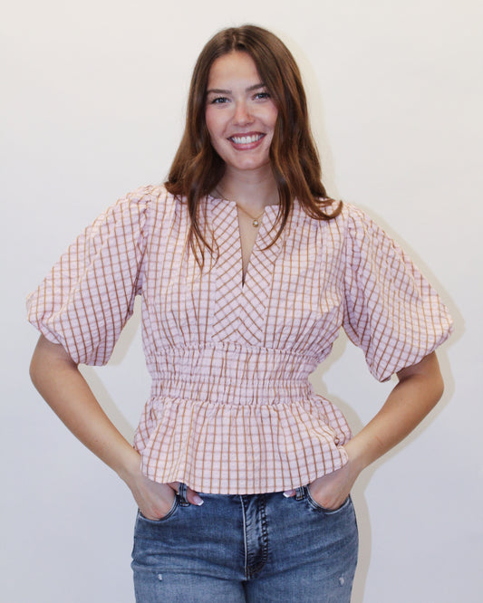 Dahlia Checkered Puff Sleeve Top