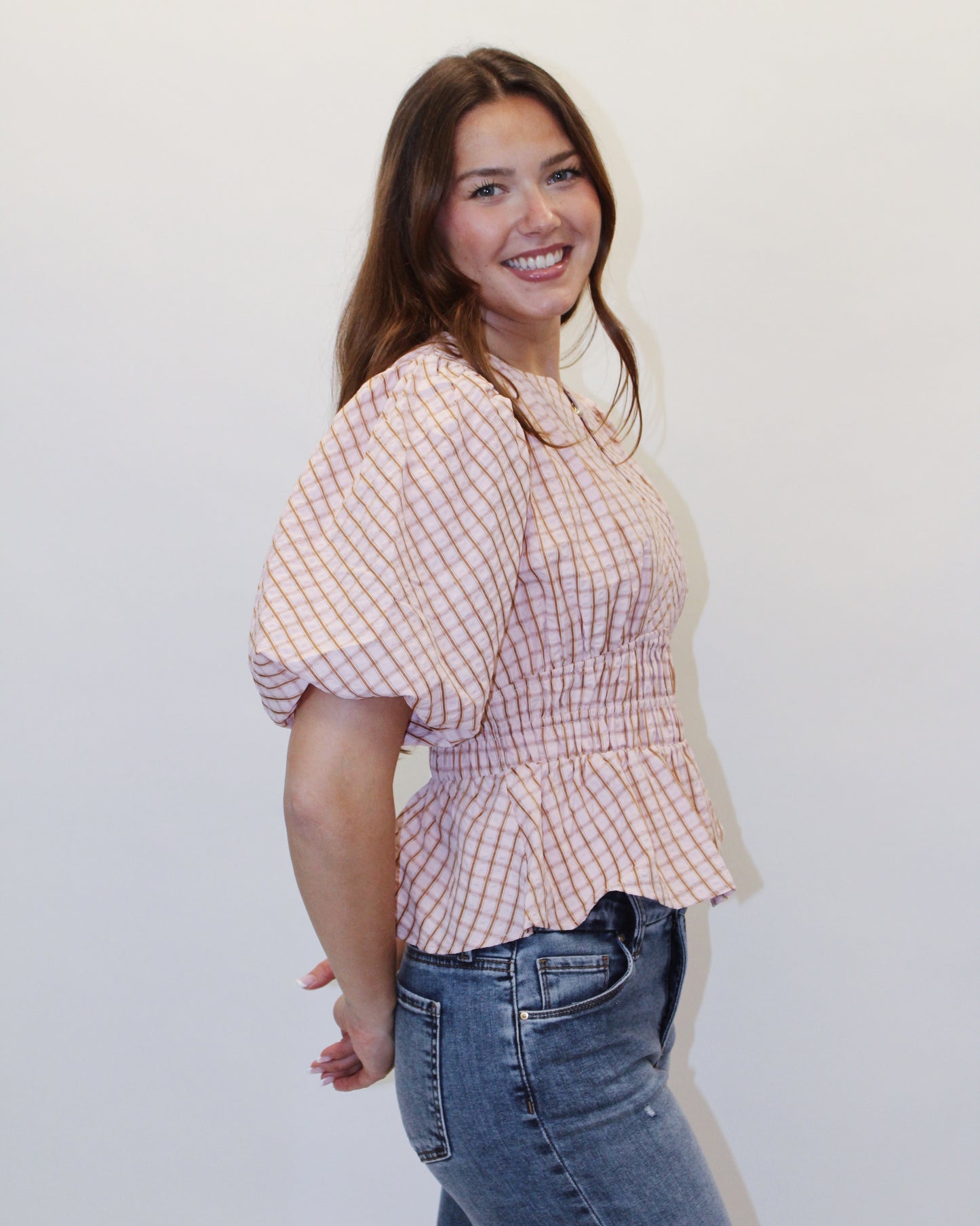 Dahlia Checkered Puff Sleeve Top