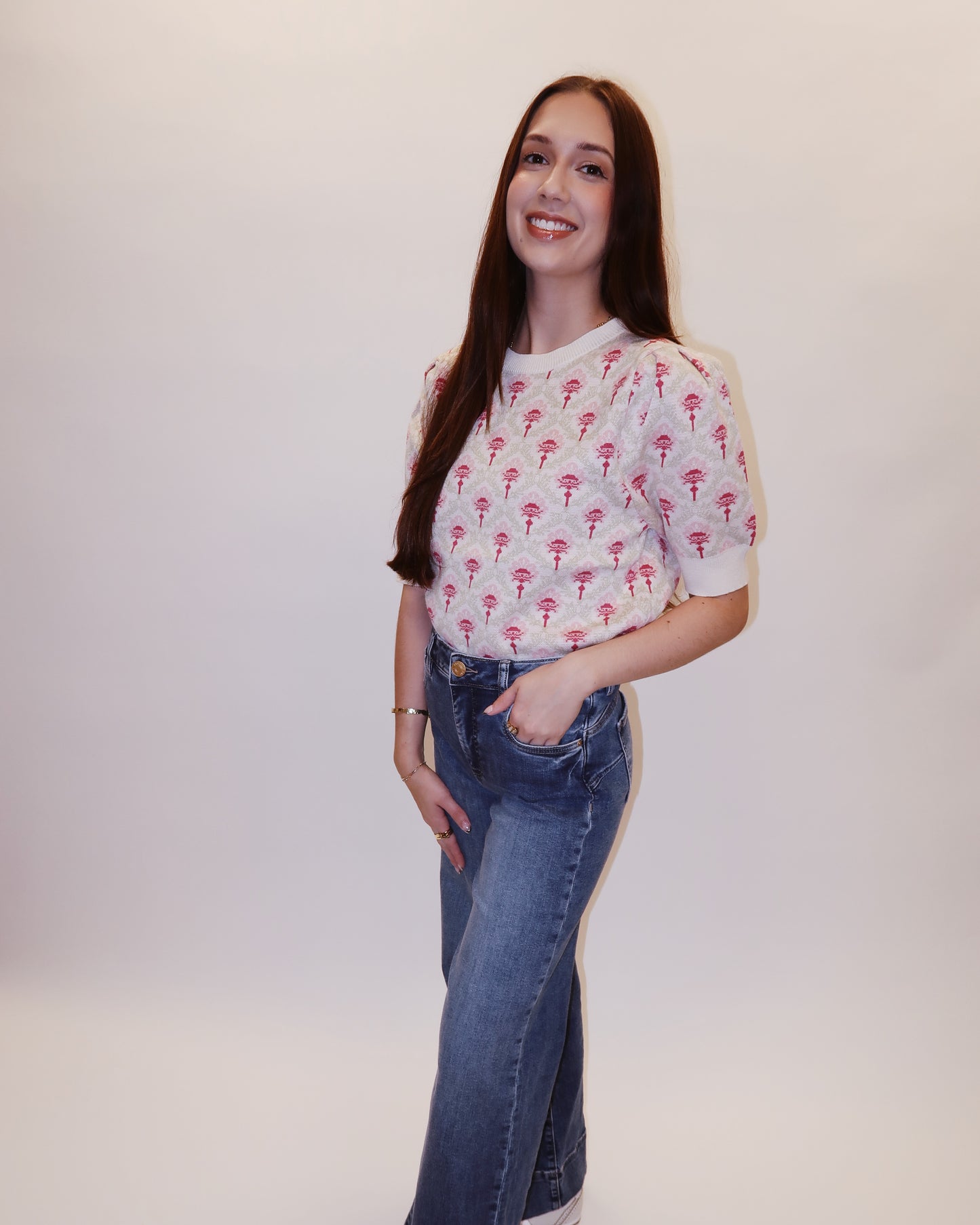 Rose Puff Sleeve Sweater Top