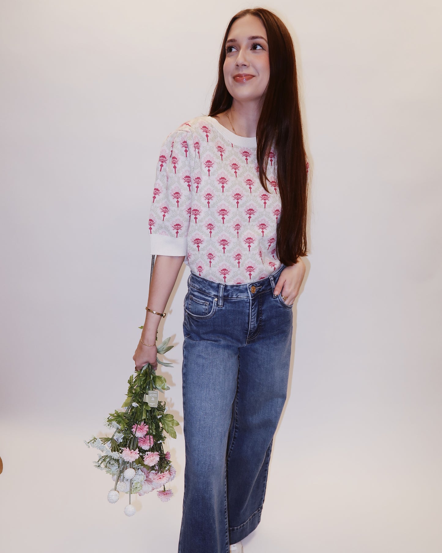 Rose Puff Sleeve Sweater Top