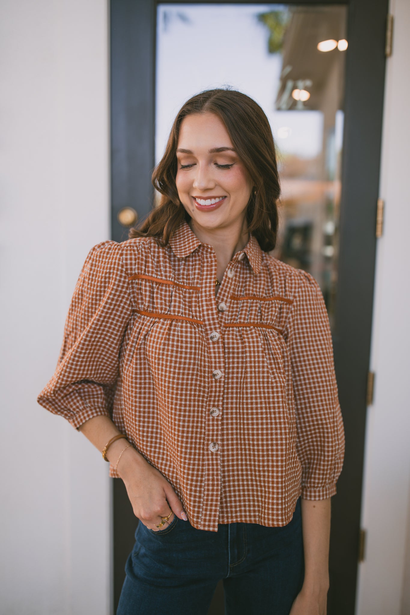 Terracotta Gingham Seersucker Blouse