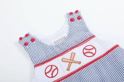 Seersucker Baseball Smocked Shortalls